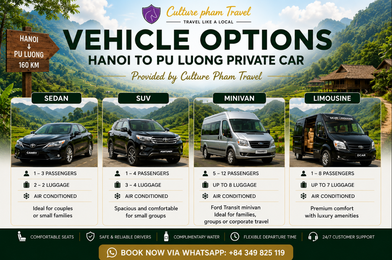 Hanoi to Pu Luong Private Car- Culture Pham Travel