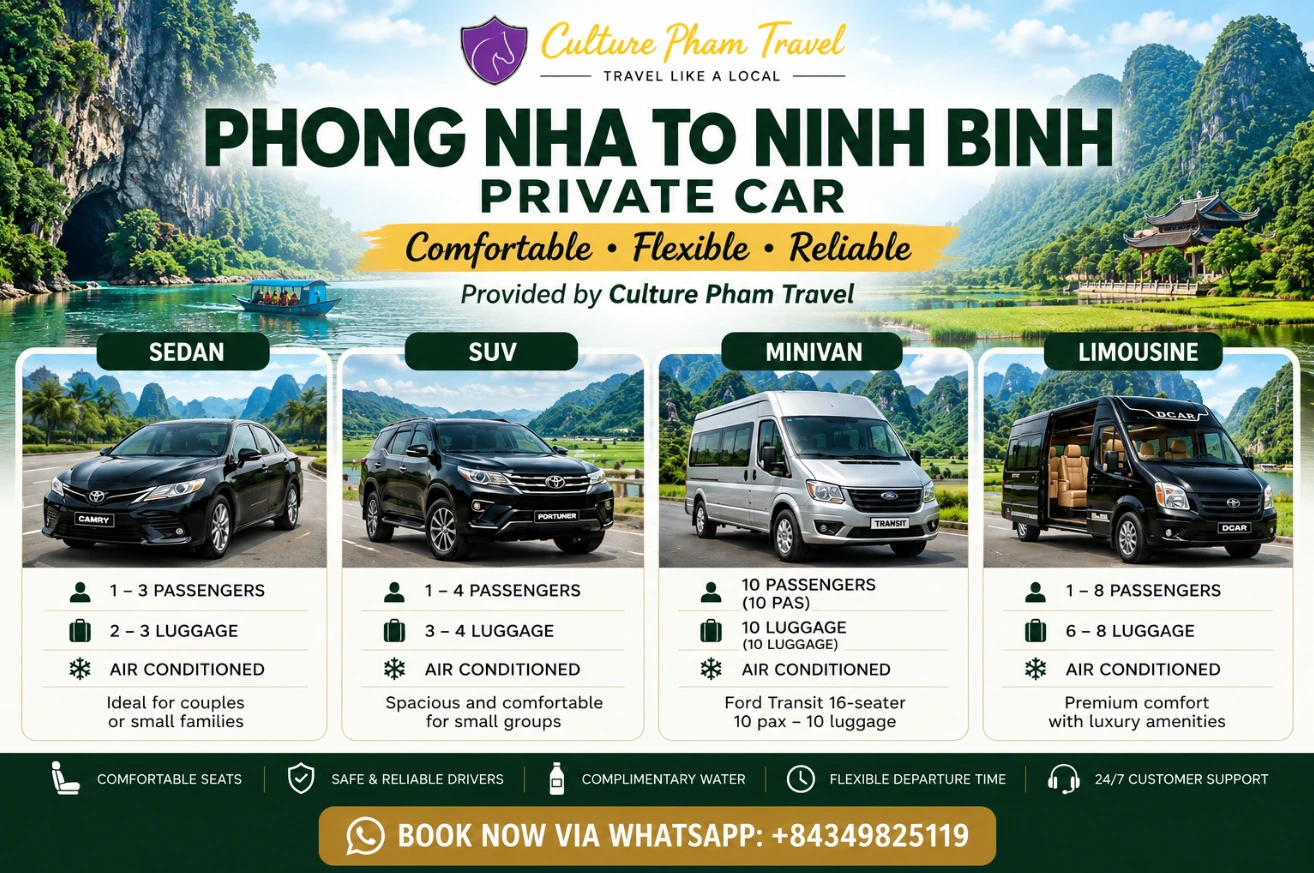 Phong Nha to Ninh Binh private car- Culture Pham Travel