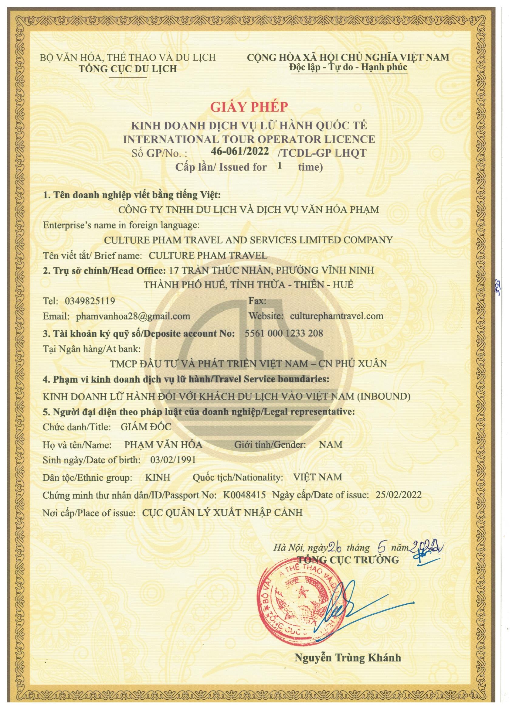 Culture Pham Travel’s Business License & Travel Operator License